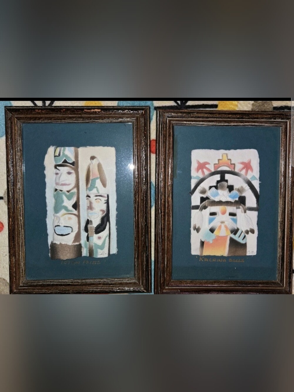 Vintage Figi Hand Cast Paper Native American Themed Wood Framed Totem & Kachina